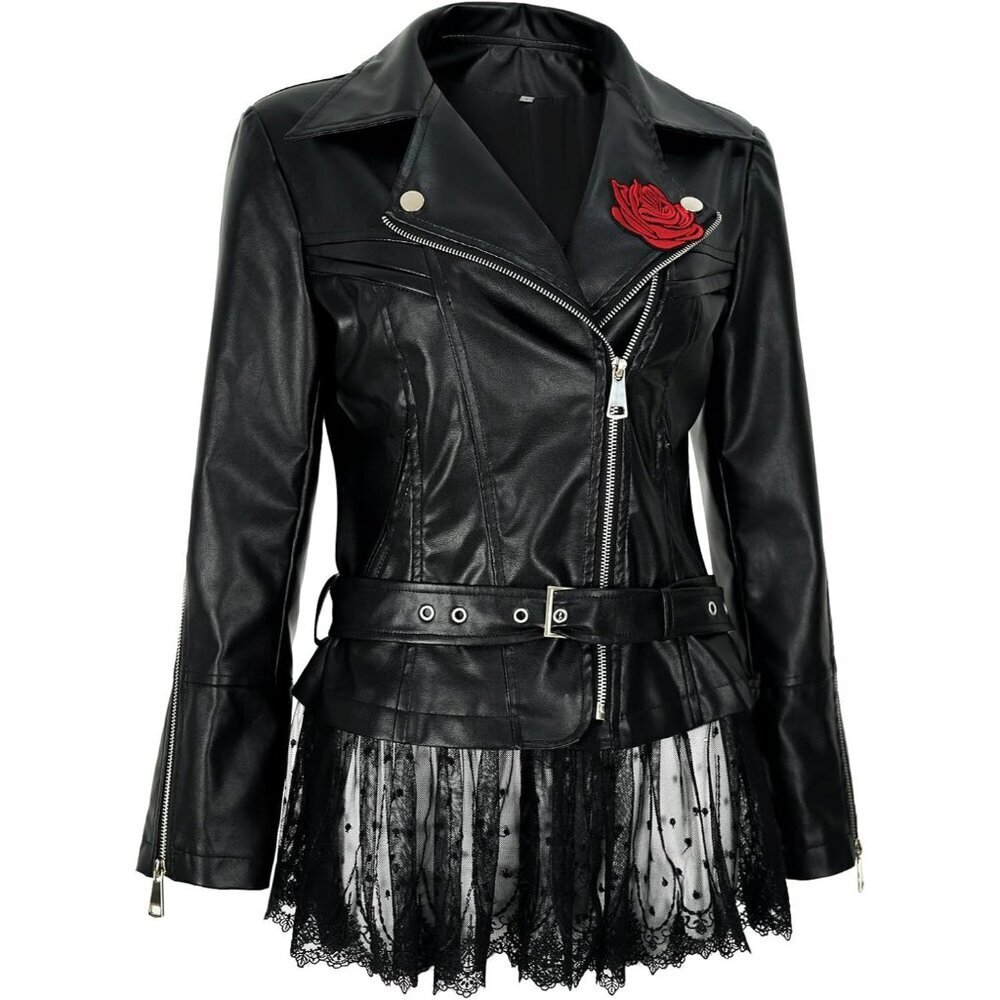 Womens Faux Leather Lace Moto Jacket Vintage Peplum Rose Riding Style Coat - Picture 2 of 6